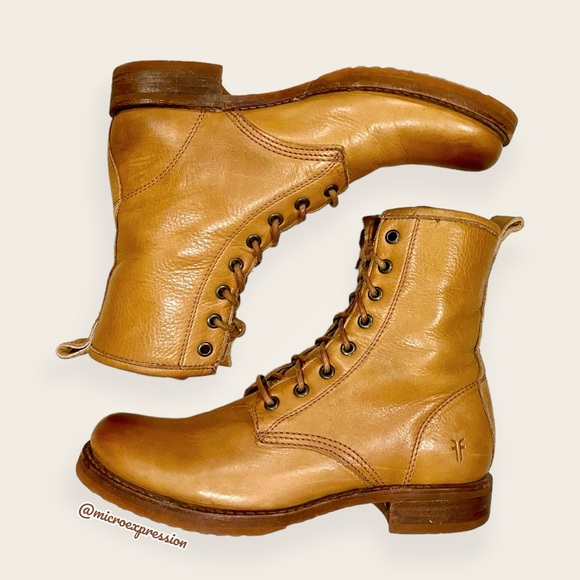$399 Frye Veronica Combat Tan Brown Leather Lace Up Moto Comfy Everyday Boot - Picture 6 of 13